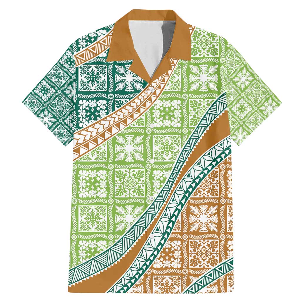 Hawaiian Quilt Pattern Family Matching Mermaid Dress and Hawaiian Shirt Green Chestnut Color Mixed - Polynesian Pride