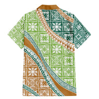 Hawaiian Quilt Pattern Family Matching Mermaid Dress and Hawaiian Shirt Green Chestnut Color Mixed - Polynesian Pride