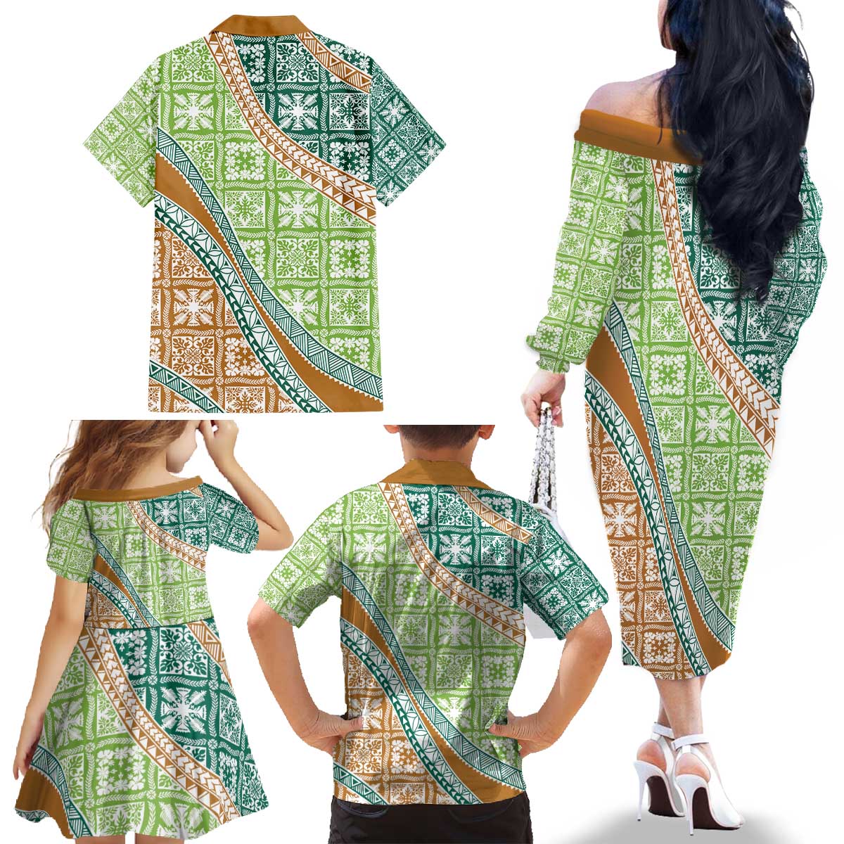 Hawaiian Quilt Pattern Family Matching Off The Shoulder Long Sleeve Dress and Hawaiian Shirt Green Chestnut Color Mixed - Polynesian Pride