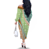 Hawaiian Quilt Pattern Family Matching Off The Shoulder Long Sleeve Dress and Hawaiian Shirt Green Chestnut Color Mixed - Polynesian Pride