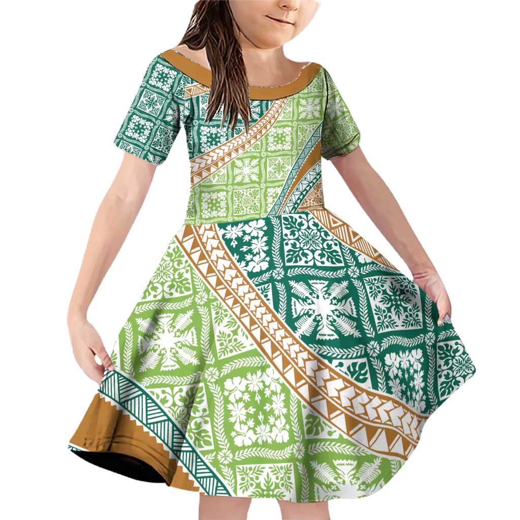 Hawaiian Quilt Pattern Family Matching Off Shoulder Short Dress and Hawaiian Shirt Green Chestnut Color Mixed - Polynesian Pride