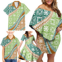 Hawaiian Quilt Pattern Family Matching Off Shoulder Short Dress and Hawaiian Shirt Green Chestnut Color Mixed - Polynesian Pride