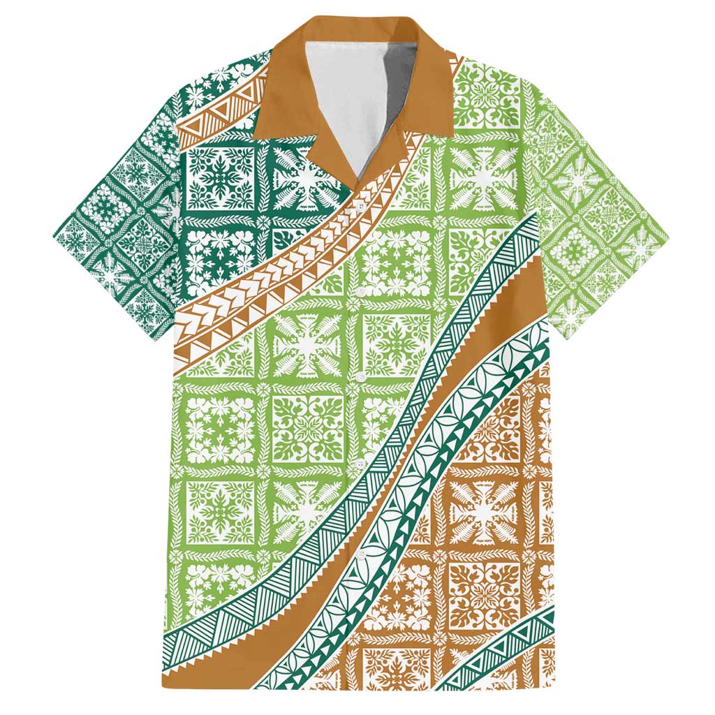 Hawaiian Quilt Pattern Family Matching Off Shoulder Short Dress and Hawaiian Shirt Green Chestnut Color Mixed - Polynesian Pride