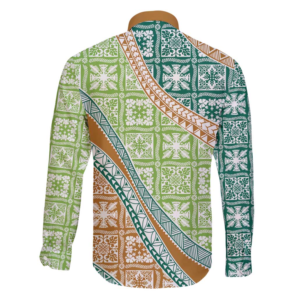 Hawaiian Quilt Pattern Family Matching Off Shoulder Short Dress and Hawaiian Shirt Green Chestnut Color Mixed - Polynesian Pride