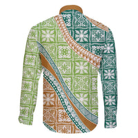 Hawaiian Quilt Pattern Family Matching Off Shoulder Short Dress and Hawaiian Shirt Green Chestnut Color Mixed - Polynesian Pride