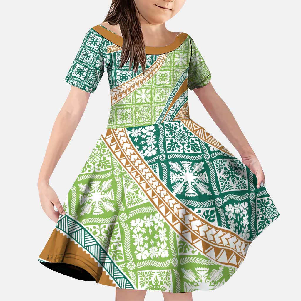 Hawaiian Quilt Pattern Family Matching Short Sleeve Bodycon Dress and Hawaiian Shirt Green Chestnut Color Mixed - Polynesian Pride