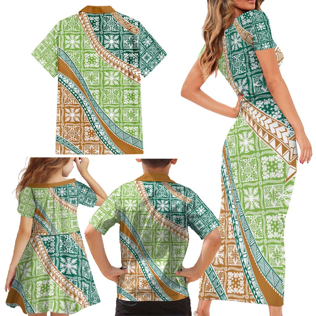 Hawaiian Quilt Pattern Family Matching Short Sleeve Bodycon Dress and Hawaiian Shirt Green Chestnut Color Mixed - Polynesian Pride