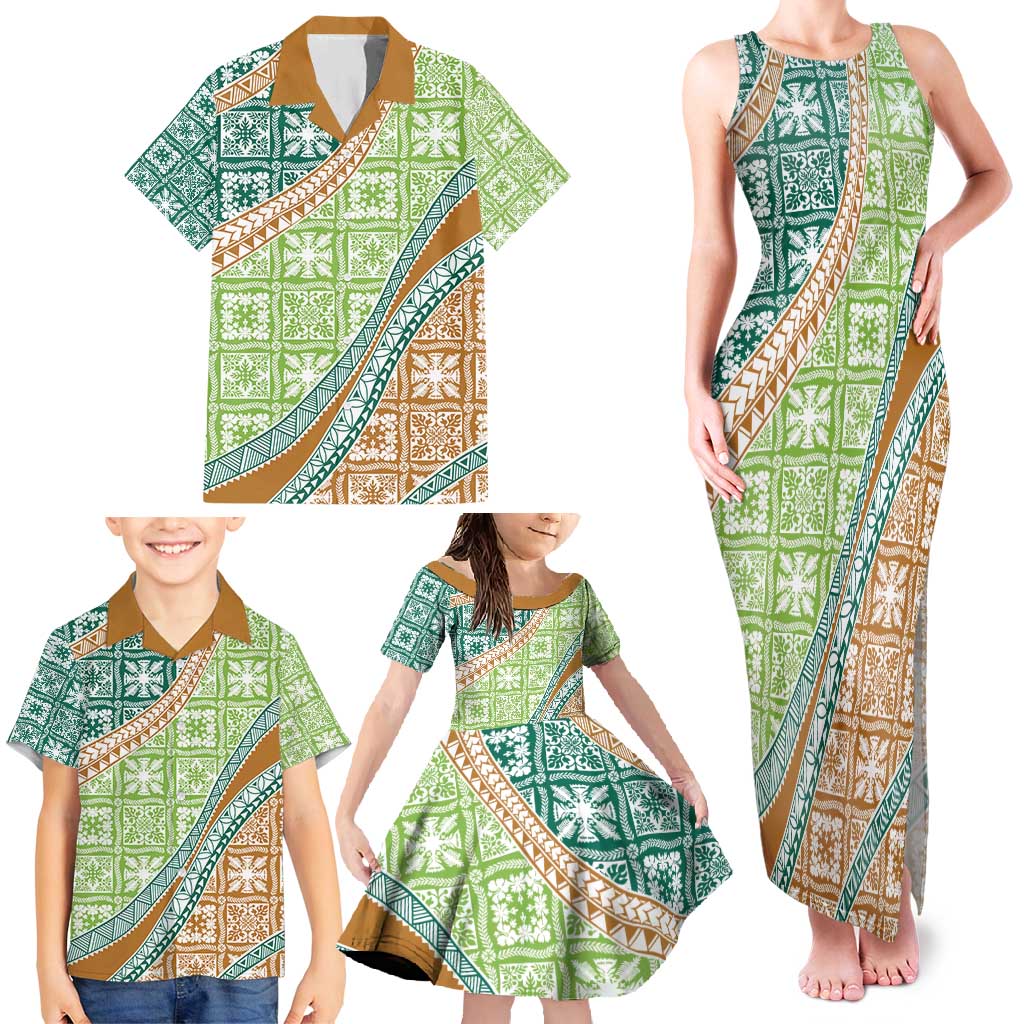 Hawaiian Quilt Pattern Family Matching Tank Maxi Dress and Hawaiian Shirt Green Chestnut Color Mixed - Polynesian Pride