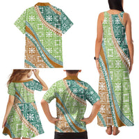 Hawaiian Quilt Pattern Family Matching Tank Maxi Dress and Hawaiian Shirt Green Chestnut Color Mixed - Polynesian Pride
