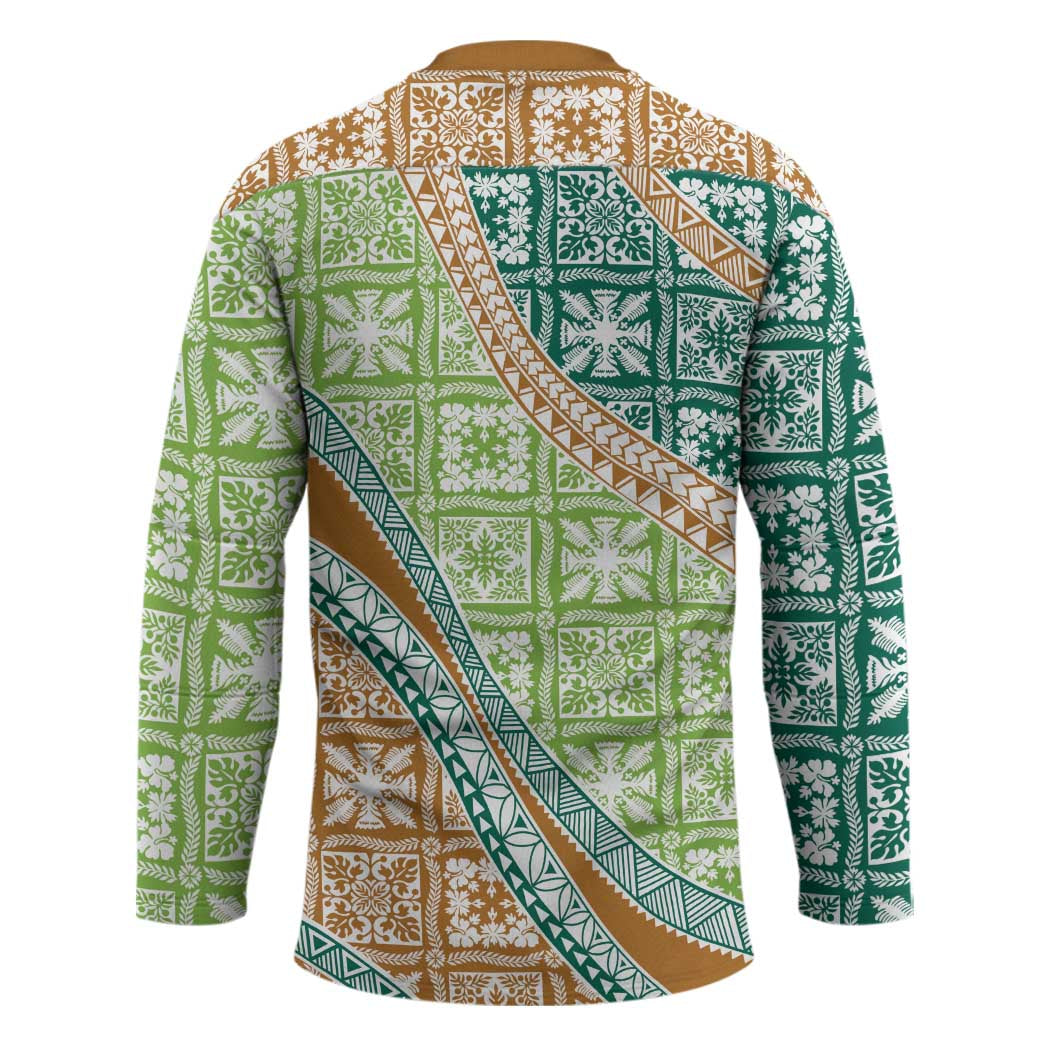 Hawaiian Quilt Pattern Hockey Jersey Green Chestnut Color Mixed - Polynesian Pride