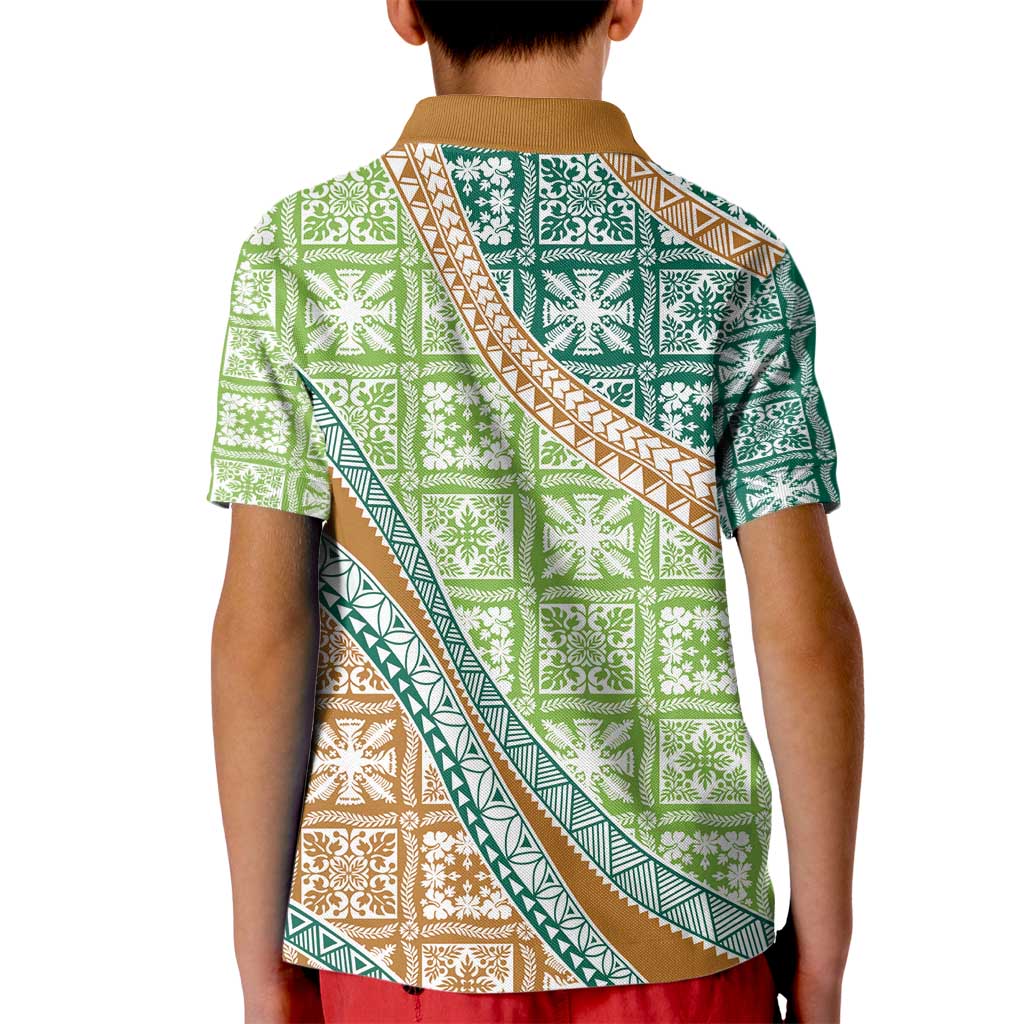 Hawaiian Quilt Pattern Kid Polo Shirt Green Chestnut Color Mixed - Polynesian Pride