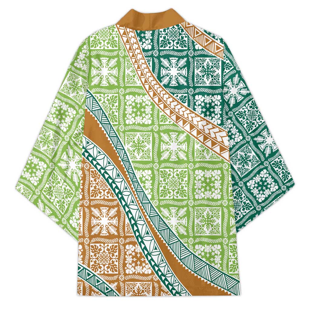 Hawaiian Quilt Pattern Kimono Green Chestnut Color Mixed - Polynesian Pride