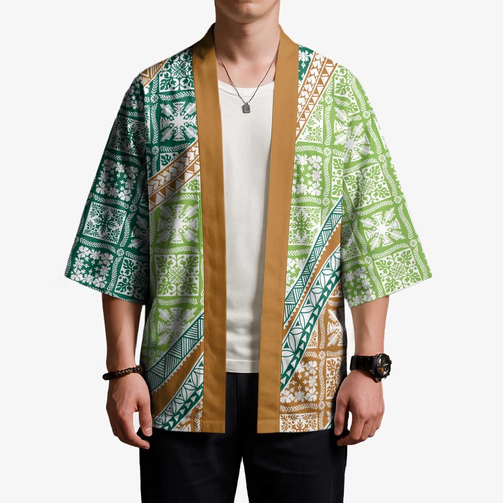 Hawaiian Quilt Pattern Kimono Green Chestnut Color Mixed - Polynesian Pride