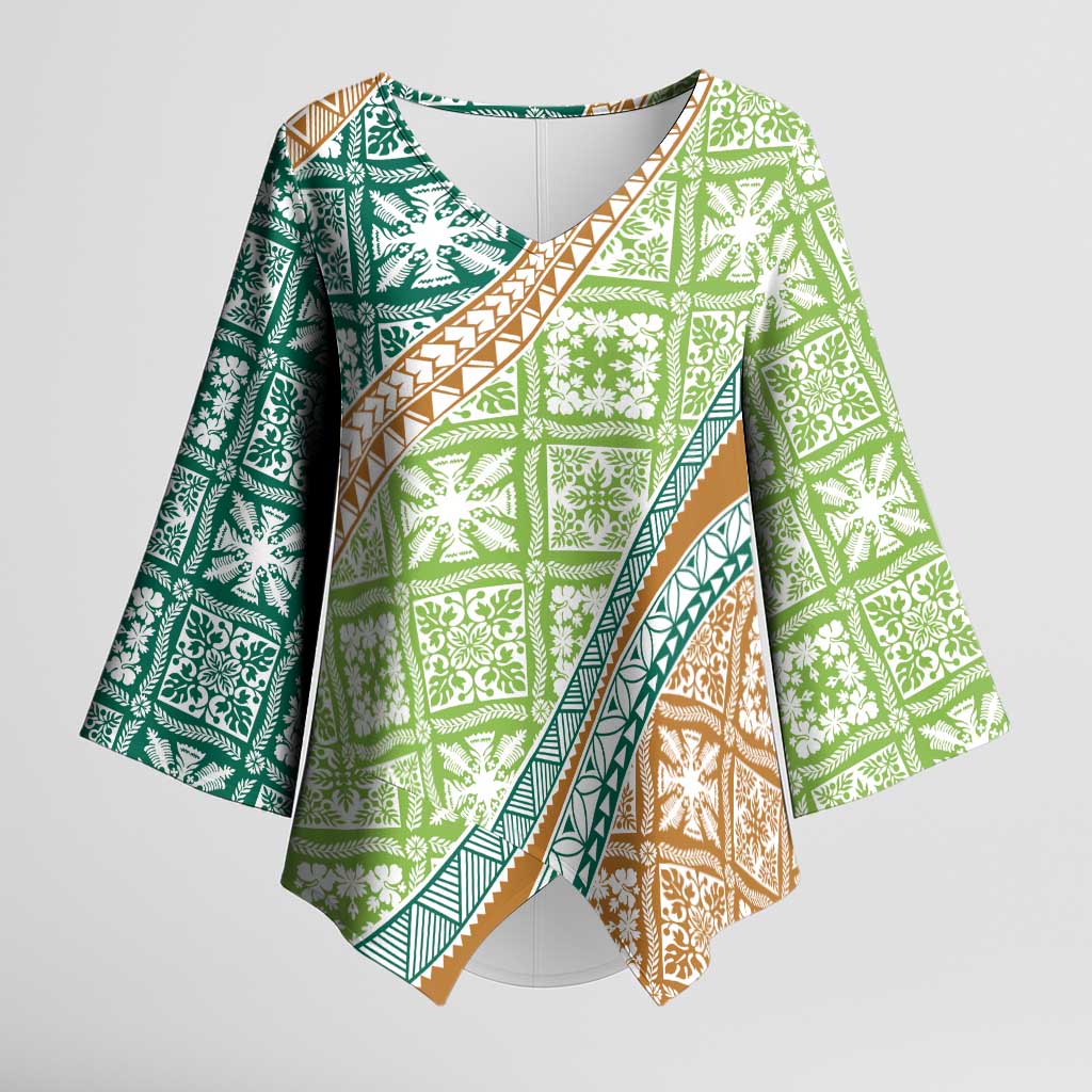 Hawaiian Quilt Pattern Kimono Sleeve Blouse Green Chestnut Color Mixed LT01 Female Green - Polynesian Pride