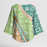 Hawaiian Quilt Pattern Kimono Sleeve Blouse Green Chestnut Color Mixed LT01 - Polynesian Pride