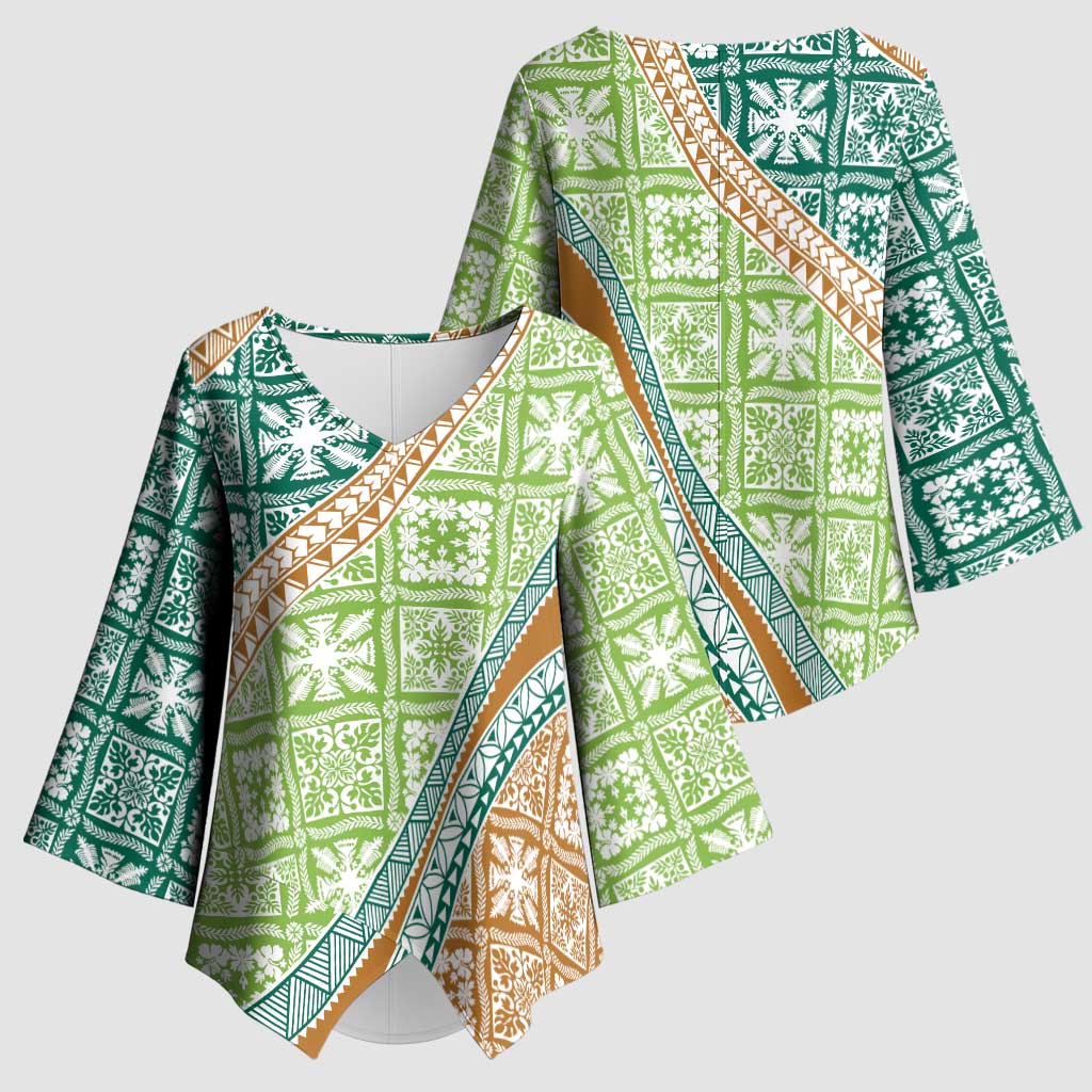 Hawaiian Quilt Pattern Kimono Sleeve Blouse Green Chestnut Color Mixed LT01 - Polynesian Pride