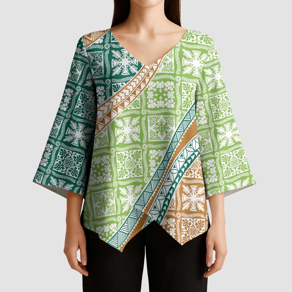 Hawaiian Quilt Pattern Kimono Sleeve Blouse Green Chestnut Color Mixed LT01 - Polynesian Pride