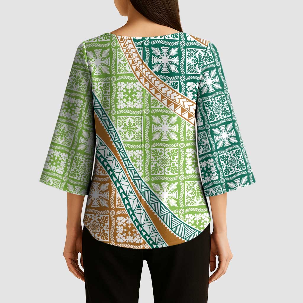 Hawaiian Quilt Pattern Kimono Sleeve Blouse Green Chestnut Color Mixed LT01 - Polynesian Pride