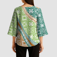Hawaiian Quilt Pattern Kimono Sleeve Blouse Green Chestnut Color Mixed LT01 - Polynesian Pride