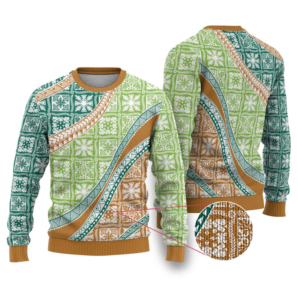 Hawaiian Quilt Pattern Ugly Christmas Sweater Green Chestnut Color Mixed - Polynesian Pride
