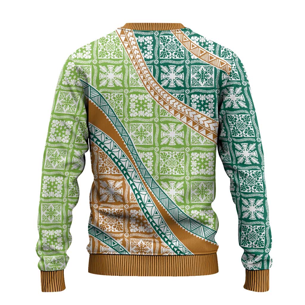 Hawaiian Quilt Pattern Ugly Christmas Sweater Green Chestnut Color Mixed - Polynesian Pride