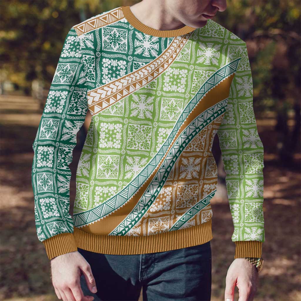 Hawaiian Quilt Pattern Ugly Christmas Sweater Green Chestnut Color Mixed - Polynesian Pride