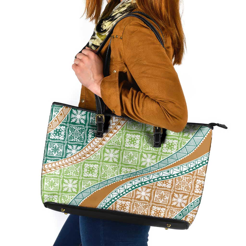 Hawaiian Quilt Pattern Leather Tote Bag Green Chestnut Color Mixed - Polynesian Pride