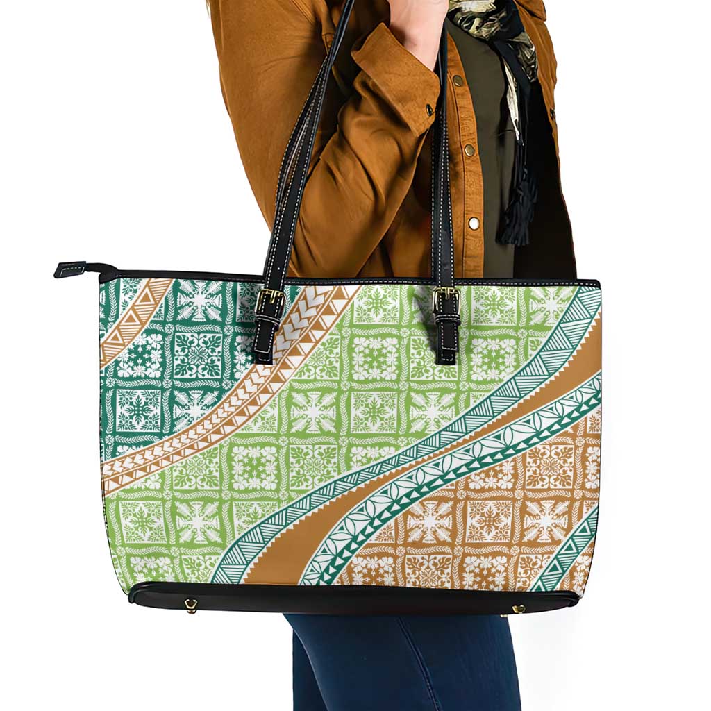 Hawaiian Quilt Pattern Leather Tote Bag Green Chestnut Color Mixed LT01 - Polynesian Pride