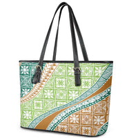 Hawaiian Quilt Pattern Leather Tote Bag Green Chestnut Color Mixed LT01 - Polynesian Pride