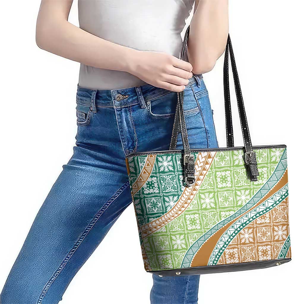Hawaiian Quilt Pattern Leather Tote Bag Green Chestnut Color Mixed LT01 - Polynesian Pride