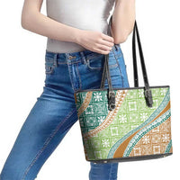 Hawaiian Quilt Pattern Leather Tote Bag Green Chestnut Color Mixed LT01 - Polynesian Pride
