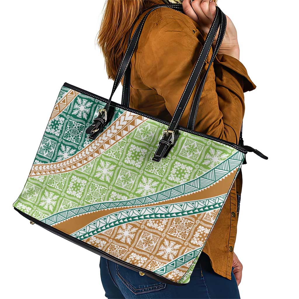 Hawaiian Quilt Pattern Leather Tote Bag Green Chestnut Color Mixed LT01 - Polynesian Pride
