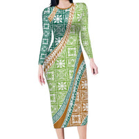 Hawaiian Quilt Pattern Long Sleeve Bodycon Dress Green Chestnut Color Mixed - Polynesian Pride