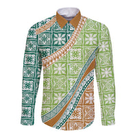 Hawaiian Quilt Pattern Long Sleeve Button Shirt Green Chestnut Color Mixed - Polynesian Pride