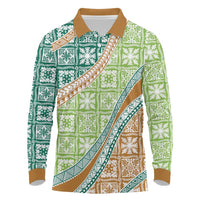 Hawaiian Quilt Pattern Long Sleeve Polo Shirt Green Chestnut Color Mixed - Polynesian Pride