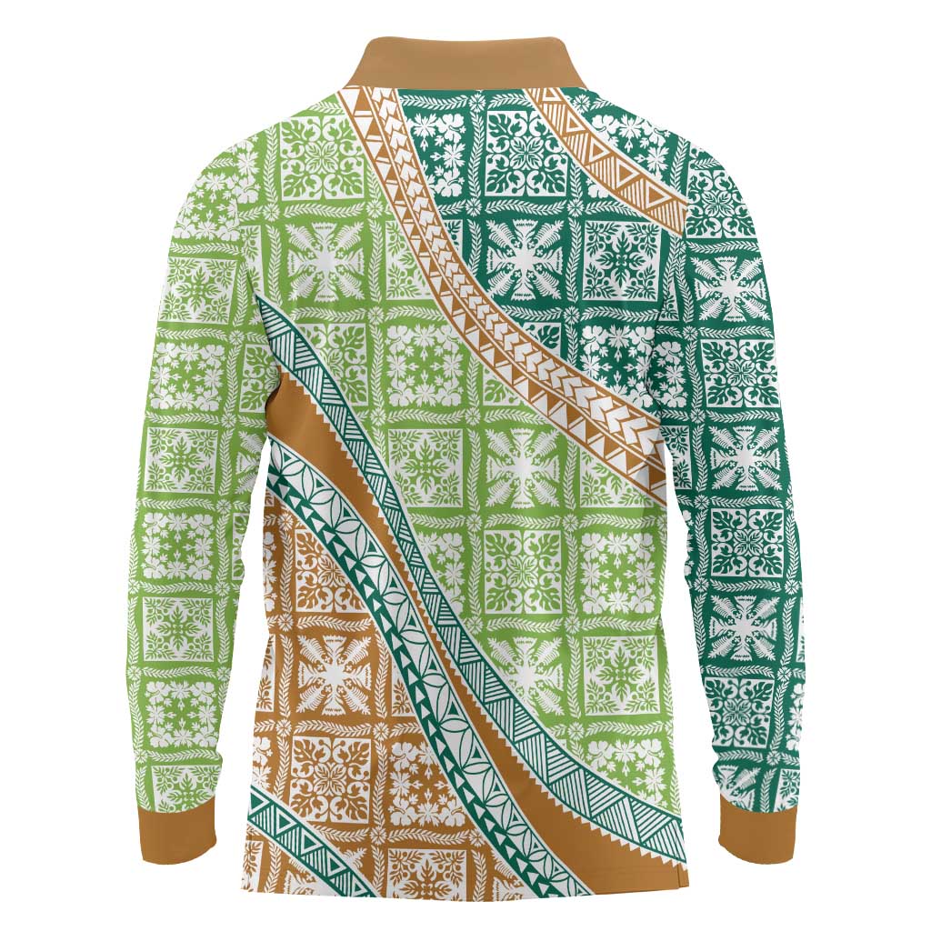 Hawaiian Quilt Pattern Long Sleeve Polo Shirt Green Chestnut Color Mixed - Polynesian Pride