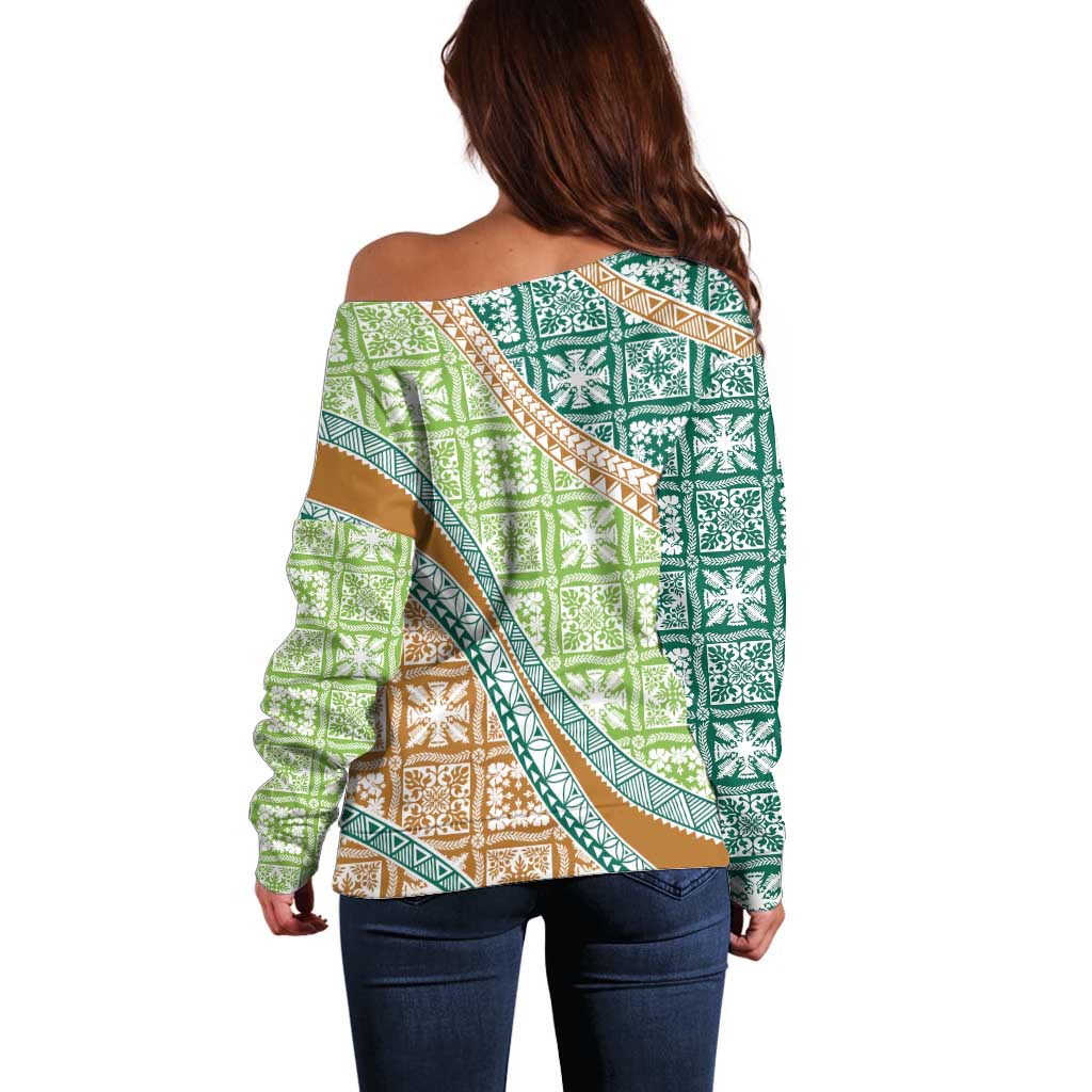 Hawaiian Quilt Pattern Off Shoulder Sweater Green Chestnut Color Mixed - Polynesian Pride