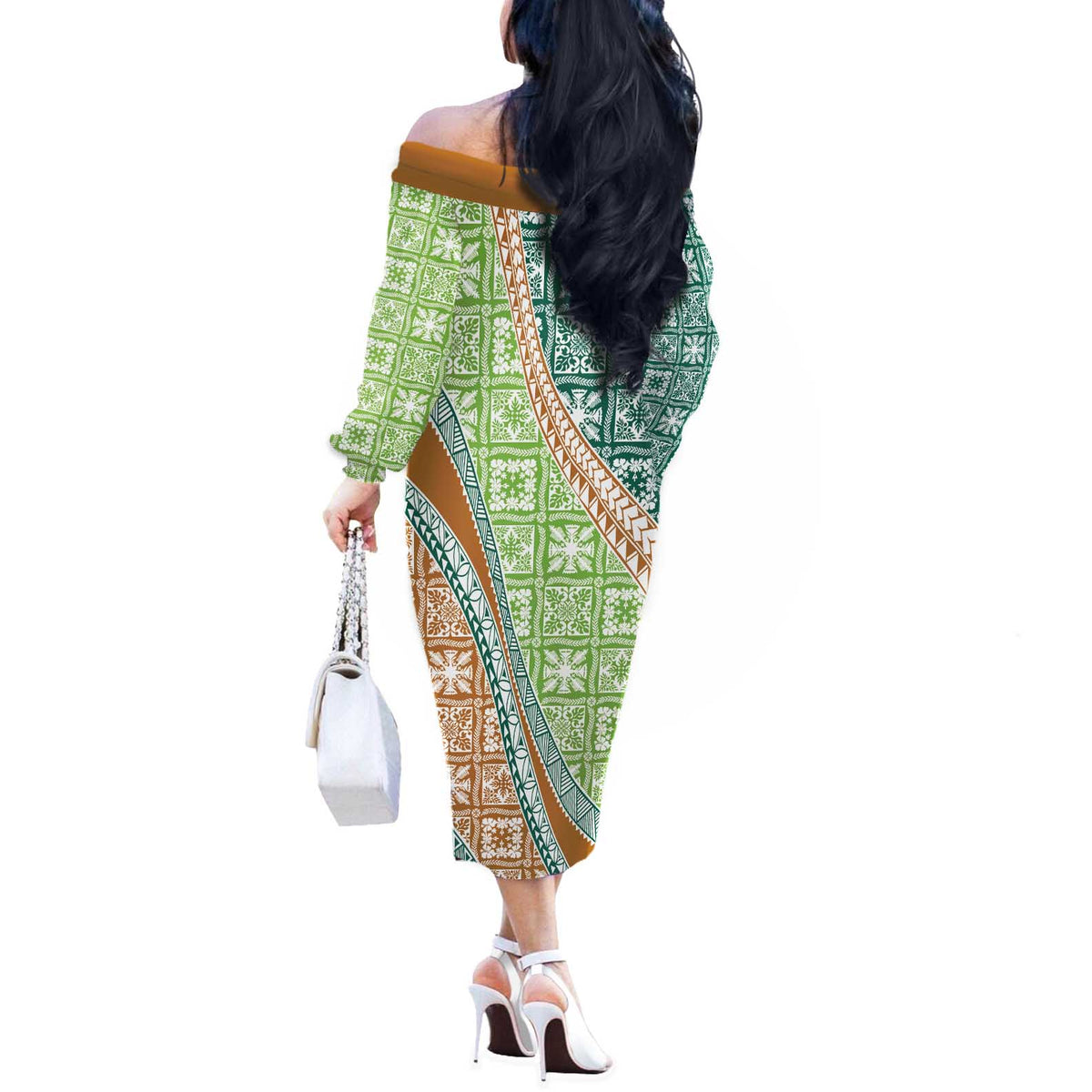 Hawaiian Quilt Pattern Off The Shoulder Long Sleeve Dress Green Chestnut Color Mixed - Polynesian Pride