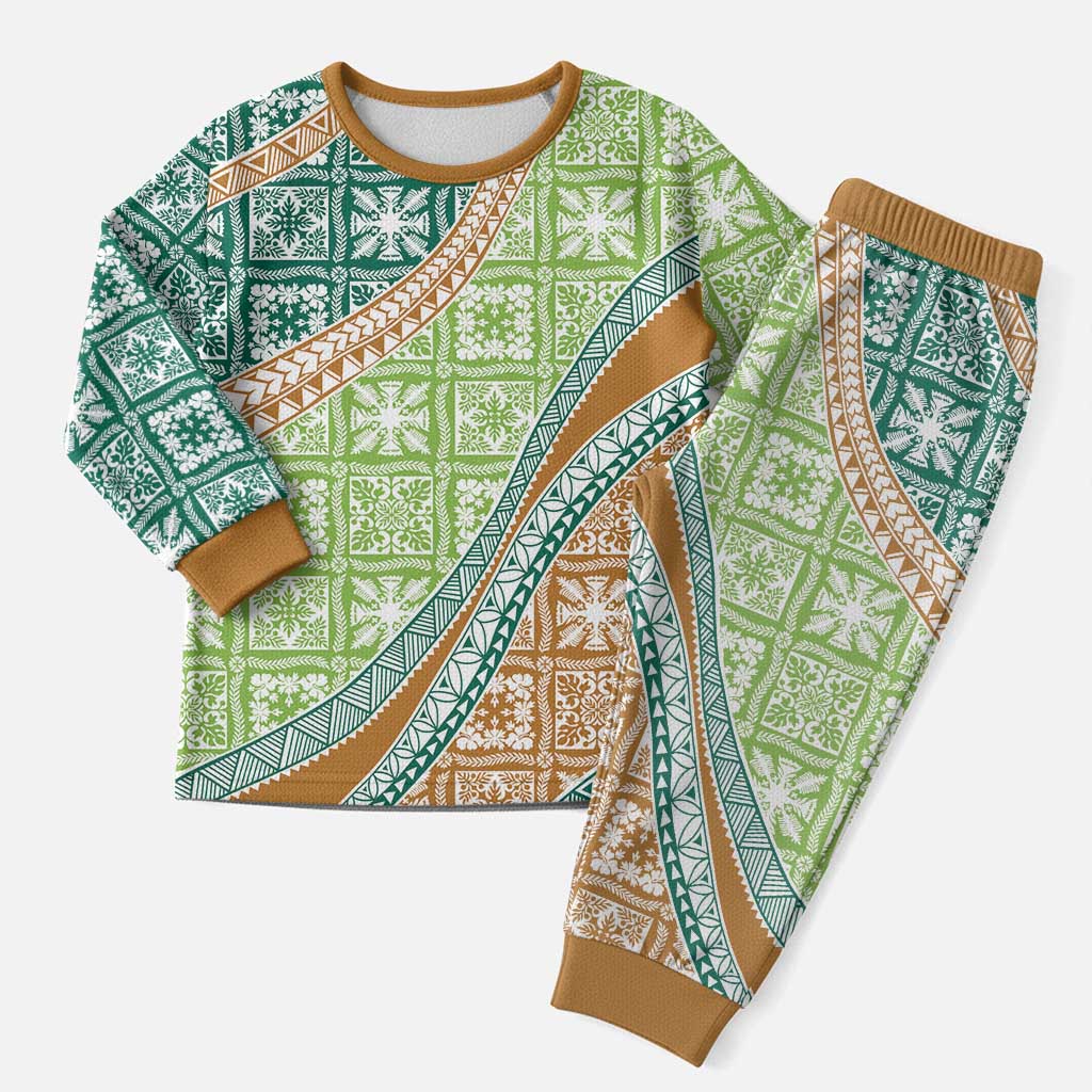 Hawaiian Quilt Pattern Christmas Pajama Set Green Chestnut Color Mixed - Polynesian Pride