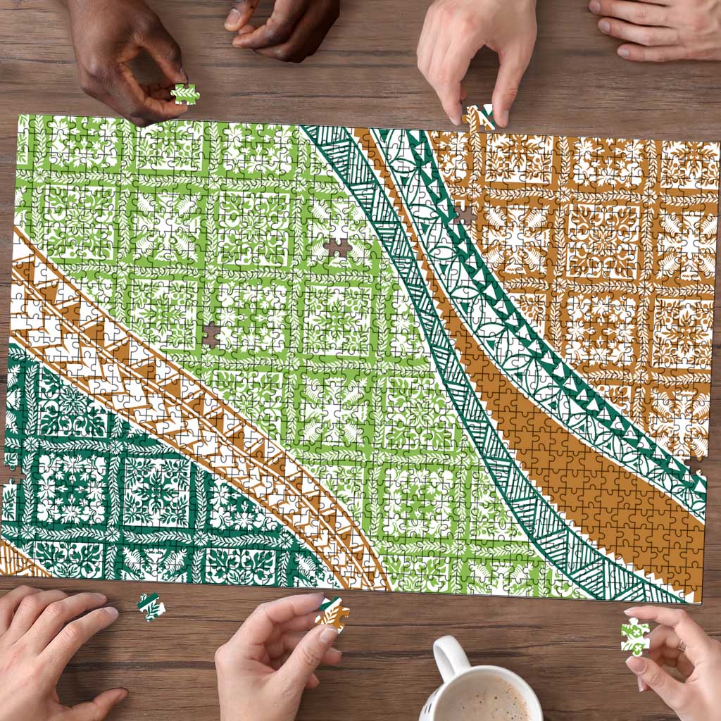 Hawaiian Quilt Pattern Puzzle Green Chestnut Color Mixed LT01 - Polynesian Pride