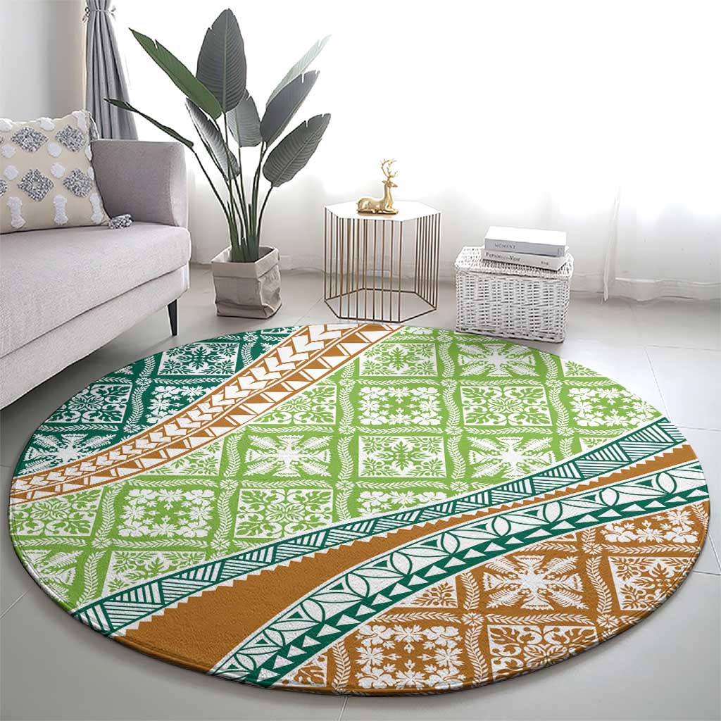 Hawaiian Quilt Pattern Round Carpet Green Chestnut Color Mixed LT01 - Polynesian Pride