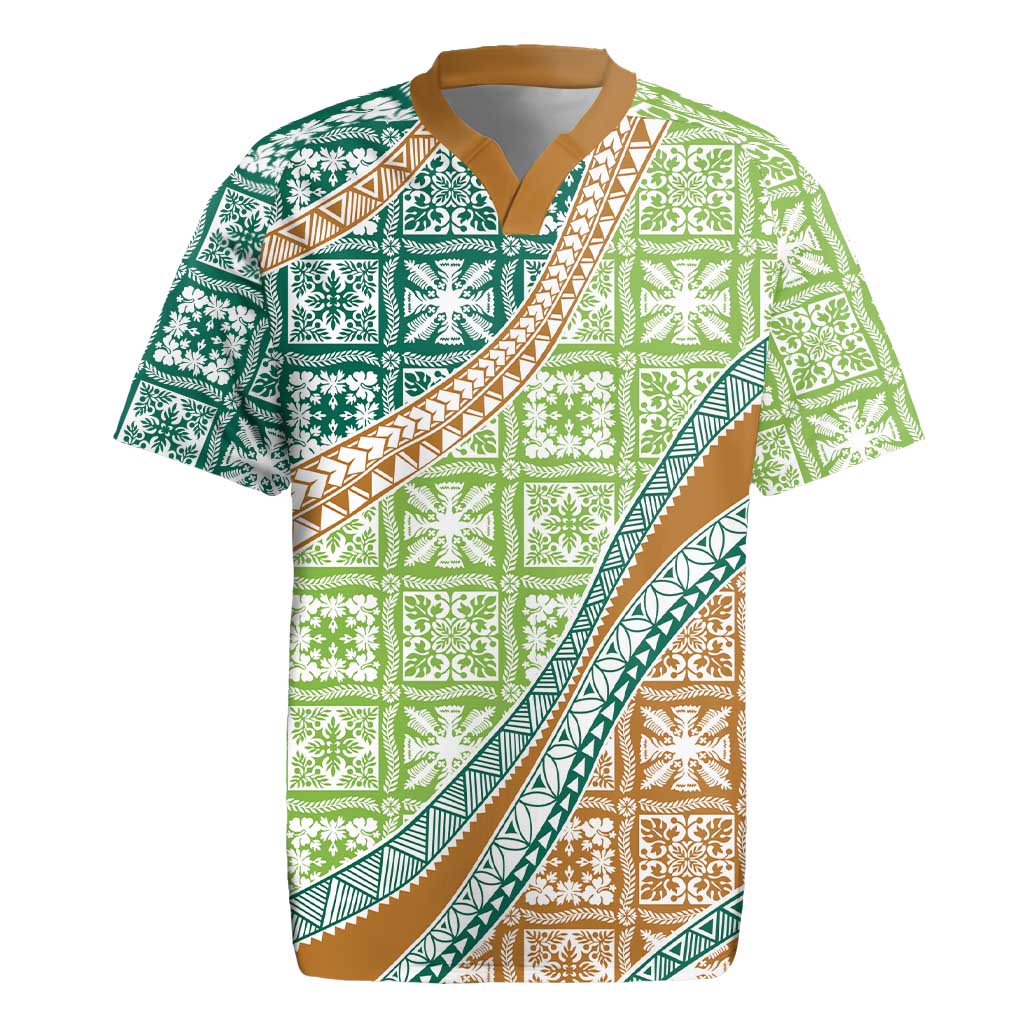 Hawaiian Quilt Pattern Rugby Jersey Green Chestnut Color Mixed - Polynesian Pride