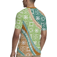 Hawaiian Quilt Pattern Rugby Jersey Green Chestnut Color Mixed - Polynesian Pride