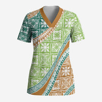 Hawaiian Quilt Pattern Scrub Top Green Chestnut Color Mixed - Polynesian Pride