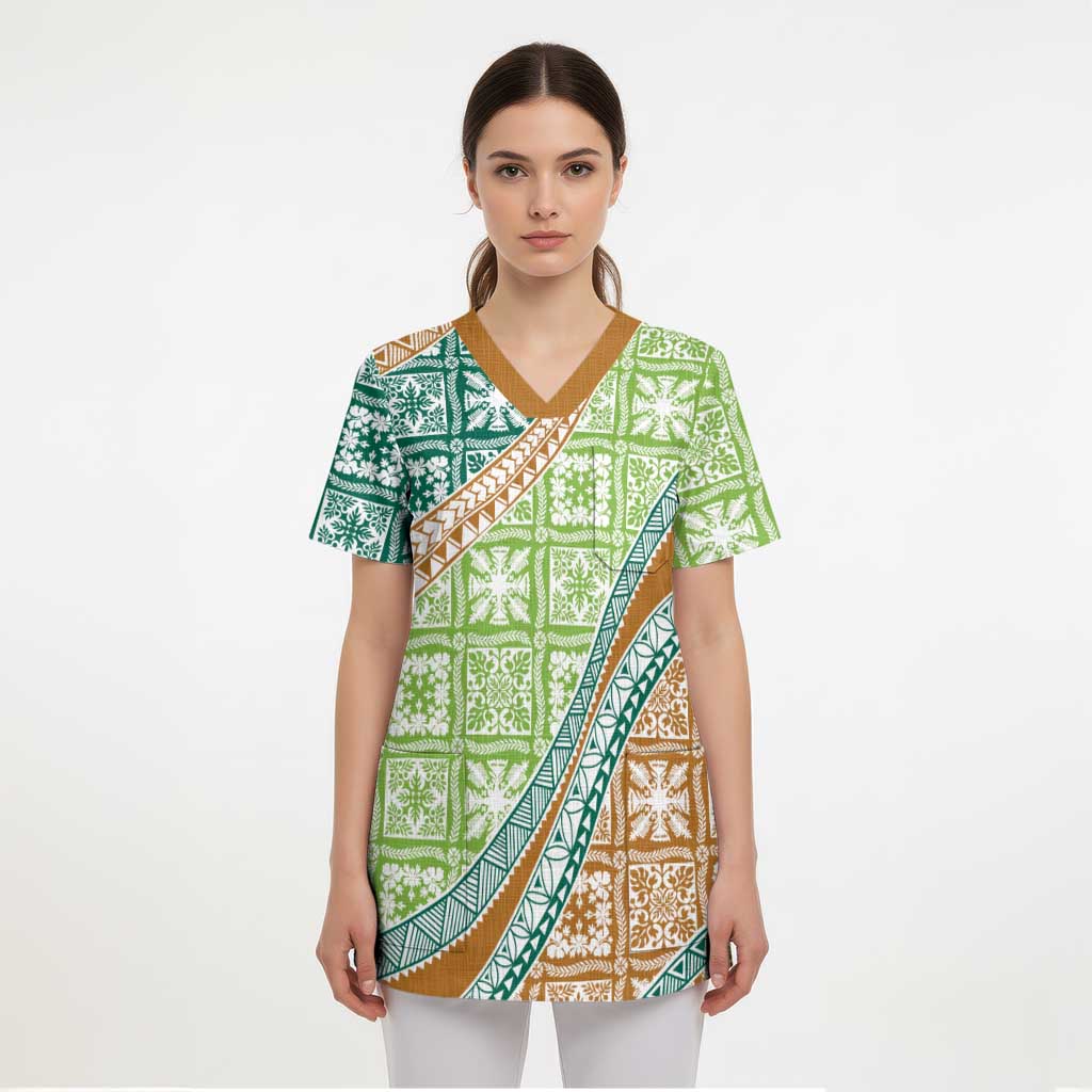 Hawaiian Quilt Pattern Scrub Top Green Chestnut Color Mixed - Polynesian Pride