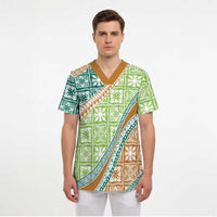 Hawaiian Quilt Pattern Scrub Top Green Chestnut Color Mixed - Polynesian Pride