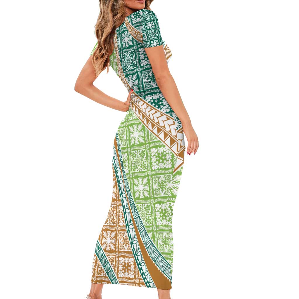 Hawaiian Quilt Pattern Short Sleeve Bodycon Dress Green Chestnut Color Mixed - Polynesian Pride