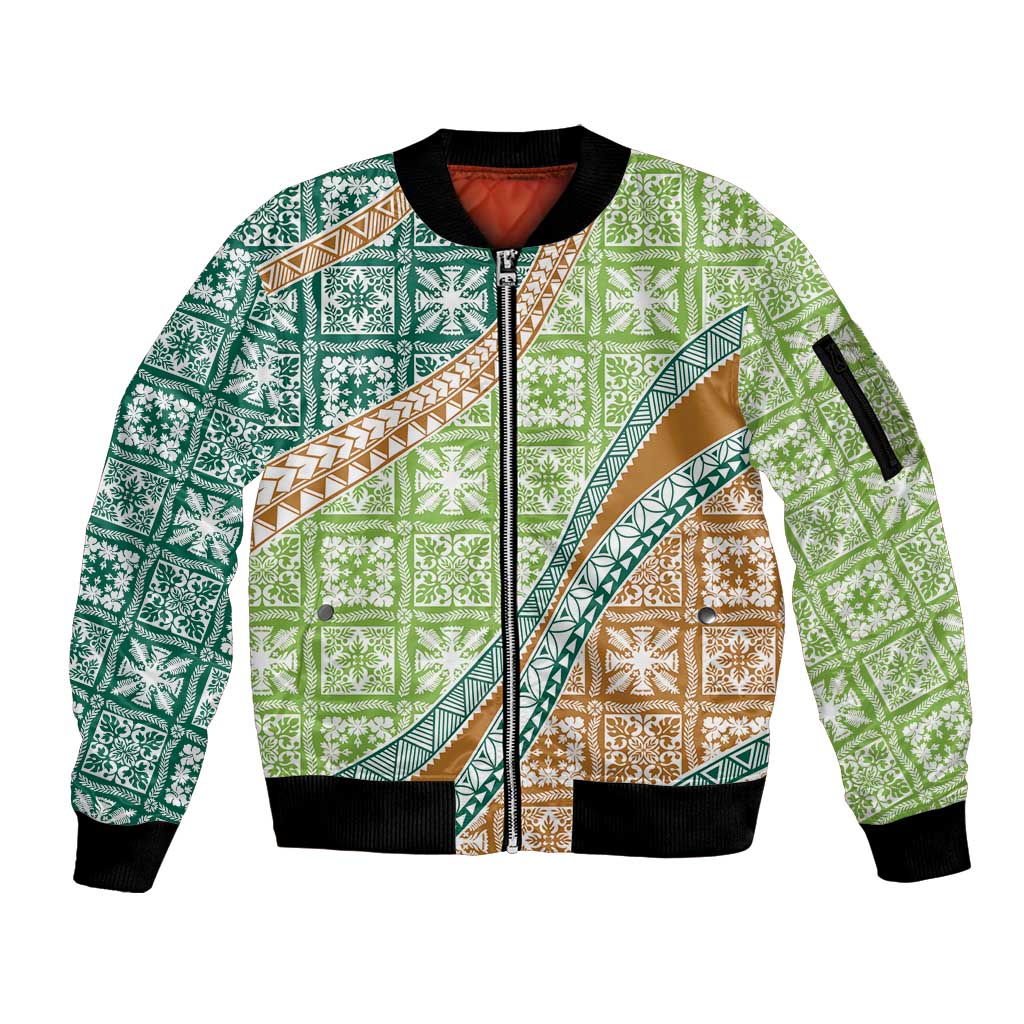 Hawaiian Quilt Pattern Sleeve Zip Bomber Jacket Green Chestnut Color Mixed - Polynesian Pride