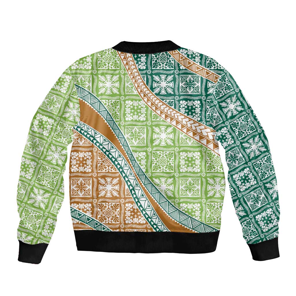 Hawaiian Quilt Pattern Sleeve Zip Bomber Jacket Green Chestnut Color Mixed - Polynesian Pride