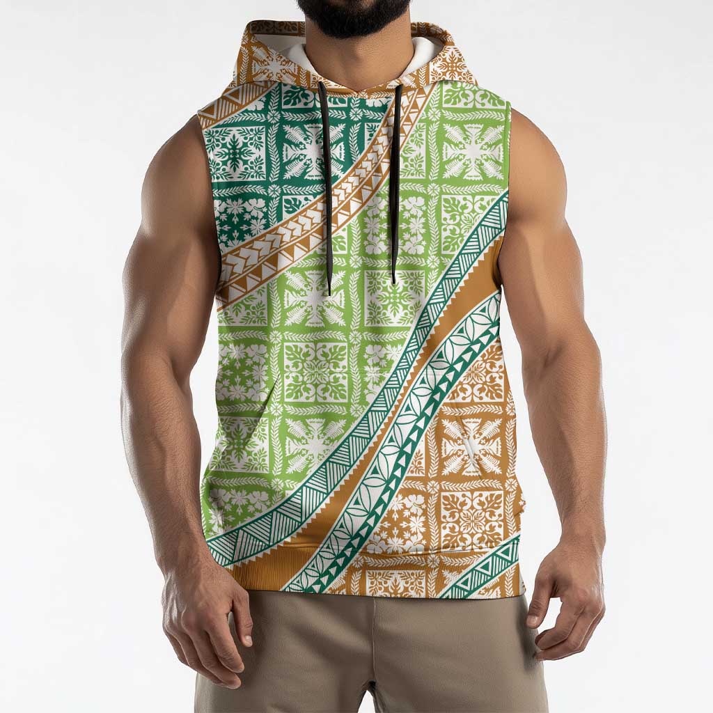 Hawaiian Quilt Pattern Sleeveless Hoodie Green Chestnut Color Mixed LT01 - Polynesian Pride